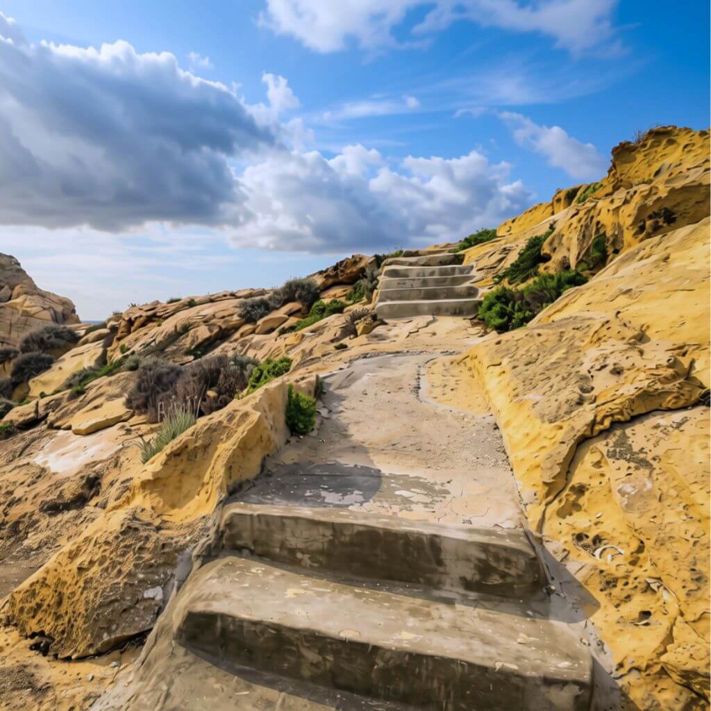 les marches creusées dans la roche de Gozo, Malte donnent accès aux plus site de plongée en apnée directement avec un départ du bord